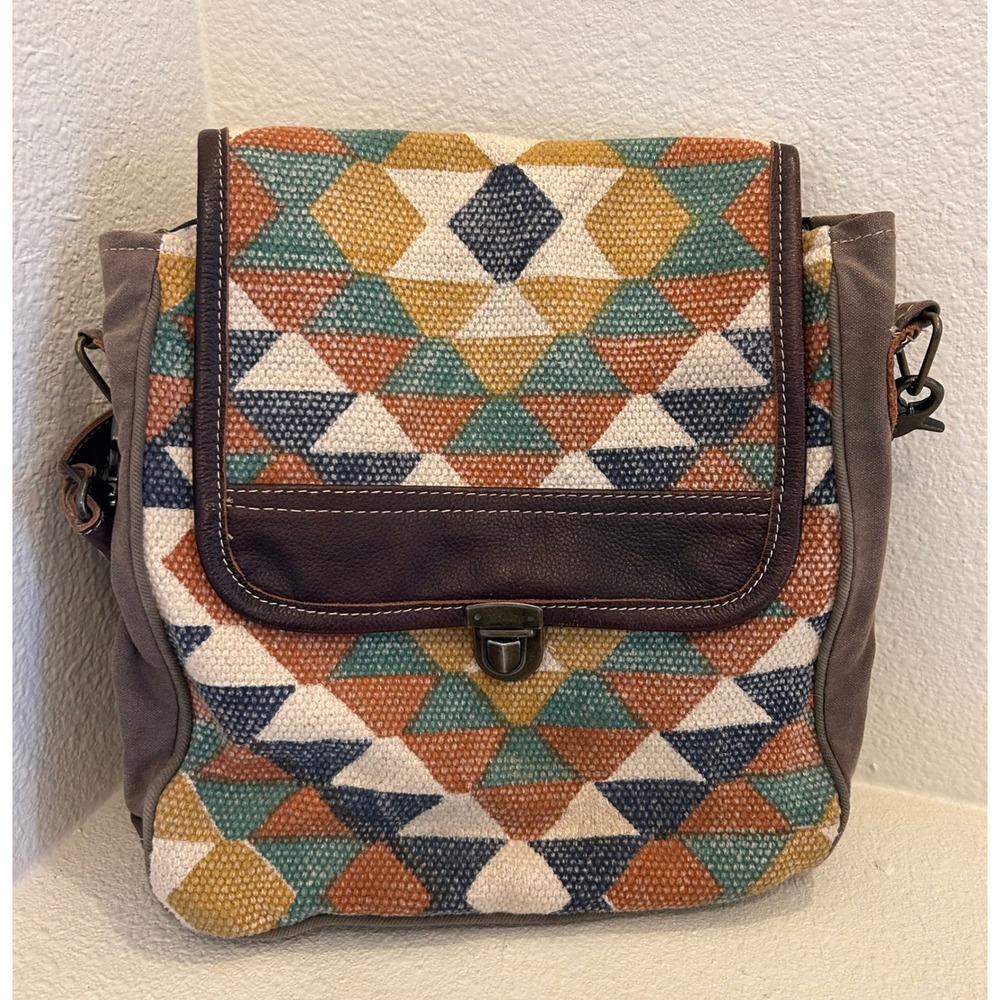 Myra Bag Geometric Triangle Canvas Leather Crossbody Bag Multicolor Boho
